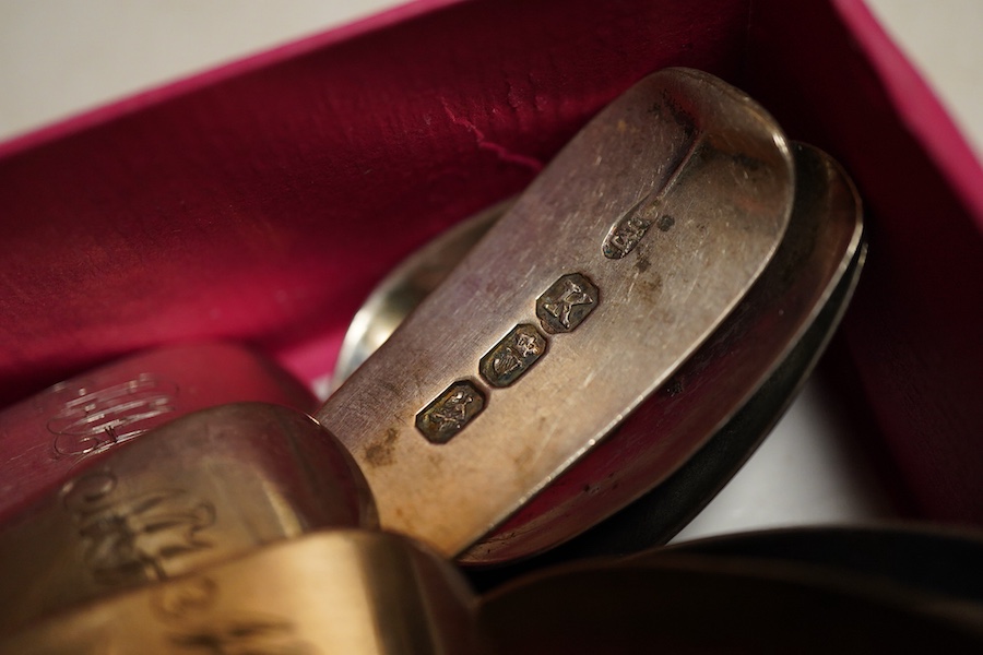 Assorted 19th century silver teaspoons to include a set of six early Victorian fiddle pattern teaspoons, Glasgow, 1855, Alexander Coghill, initialled, length 14.6cm., etc., weight approx. 10.57ozt